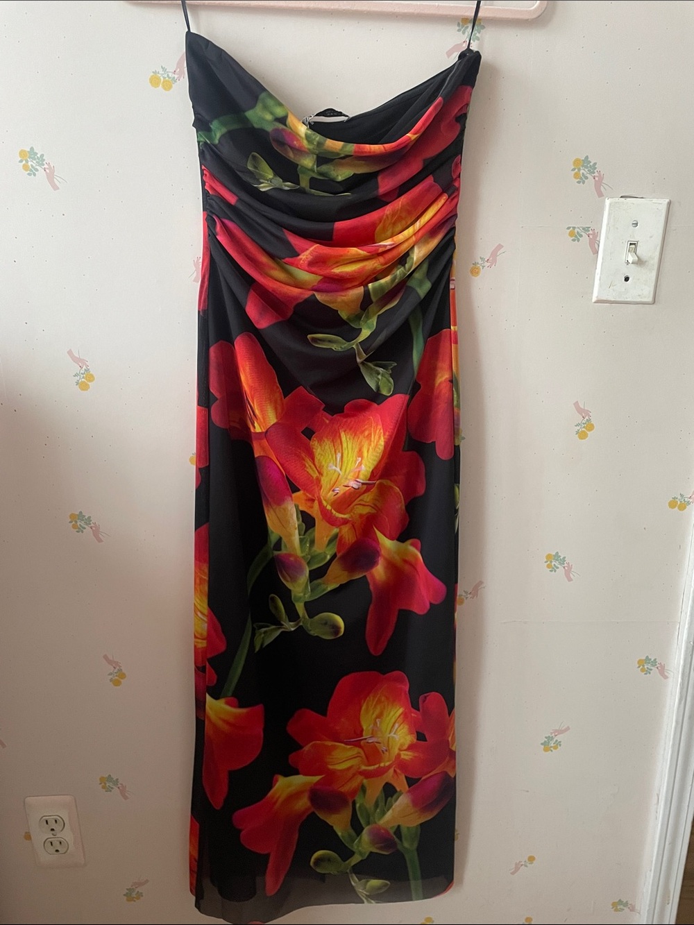 Zara Black Strapless Maxi Dress with Red & Yellow Floral Print